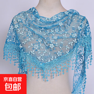 韓版女蕾絲碎花三角巾鏤空透氣包頭紗田園復古風(fēng)三角披肩防曬頭巾 湖藍色