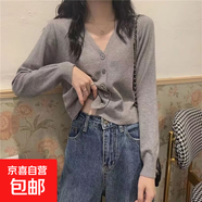 針織開衫外套女短款寬松毛衣外搭小衫長袖V領(lǐng)打底衫春秋洋氣上衣 灰色 XL 115-125斤