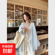 【溫柔風(fēng)】藍(lán)色冰絲針織開衫女裝夏季慵懶寬松薄款外搭空調(diào)罩衫 藍(lán)色 L