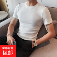 男士短袖t恤夏季薄款修身商務(wù)休閑時(shí)尚百搭高級感條紋圓領(lǐng)打底衫 白色 XL 120-140斤