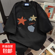 100%新款純棉圓領短袖T恤女印花美式潮牌夏季情侶寬松打底上衣服 52五角星黑色 2XL  建議140-160斤