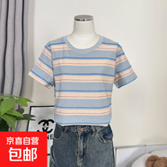 百搭減齡簡(jiǎn)約撞色休閑條紋T恤寬松顯瘦純棉短袖女裝上衣#YH1130 藍色 3XL （125-135斤）