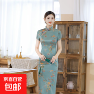 新中式水墨畫(huà)改良日?？纱┢炫勰贻p款女短袖修身長(cháng)款連衣裙JQ4 墨黛綠 3XL （135-145斤）