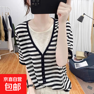 【韓版簡(jiǎn)約】夏季新款冰絲V領(lǐng)短袖針織衫女寬松上衣空調衫女裝 91黑條 均碼