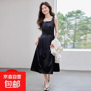 高級感醋酸緞面無(wú)袖連衣裙女2025夏季新款收腰顯瘦氣質(zhì)中長(cháng)款裙子 黑色（單件連衣裙） L
