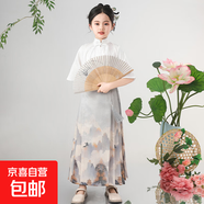 新款兒童裝馬面裙套裝帶項鏈女孩夏季國風(fēng)唐裝漢服裙子學(xué)生演出服 灰色套裝+項鏈 170cm