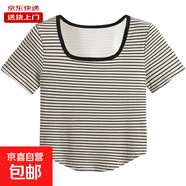 基礎款方領(lǐng)露鎖骨短袖打底衫女夏季韓版修身顯瘦短款上衣RL#A023# A023#杏色條紋 2XL 【121-135斤】
