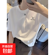 夏季新款歐貨高級(jí)感純棉短袖t恤女寬松正肩設(shè)計(jì)感獨(dú)特超好看上衣 K45-白色-X64黑小圖 2XL 建議130-150斤