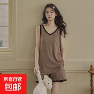 帶胸墊冰絲吊帶睡衣女款夏季2025年新款撞色寬松涼感一體式家居服 361冰絲涼感套裝【帶胸墊】 M （80-100斤）
