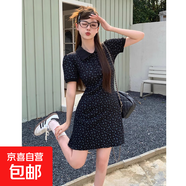 黑色polo領(lǐng)碎花針織短袖連衣裙女夏季2025新款修身翻領(lǐng)氣質(zhì)長(cháng)裙子 黑色短款 【KK-R1137】 2XL