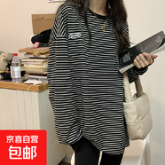 條紋T恤打底衫女2021秋季新款圓領(lǐng)長(cháng)袖衛衣女韓版上衣服女裝 黑色 L