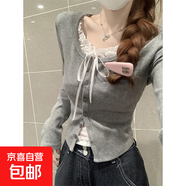 韓系純欲bm風(fēng)假兩件長(zhǎng)袖T恤打底衫女春秋高級(jí)感拼接蕾絲短款上衣 灰色 M