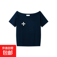 美式字母印花斜肩上衣女簡(jiǎn)約寬松顯瘦露肩短袖T恤insGXXX94-50548 藏青色 M