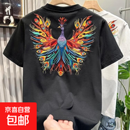 潮牌刺繡短袖t恤男女2025夏季新款孔雀開屏休閑寬松圓領半袖上衣 黑色 XL （125-140斤）