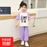 女童夏季套裝2025新款兒童薄款韓版洋氣時(shí)髦短袖哪吒女孩夏裝k469 敖丙短袖套裝-紫色 薄款 120 (110-120cm)