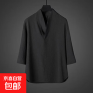 中國(guó)風(fēng)男裝襯衫夏季復(fù)古風(fēng)襯衫長(zhǎng)袖男上衣V領(lǐng)中式漢服七分袖襯衫D 輕熟潮C34黑色 L