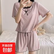 莫代爾棉夏季睡衣女帶胸墊蝴蝶結(jié)蕾絲花邊方領(lǐng)短袖短褲家居服套裝 1815粉色 2XL