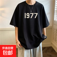 夏季新款日系潮牌短袖T恤男港風(fēng)ins潮流百搭寬松大碼圓領(lǐng)百搭休閑 1977圖案短袖黑色 L