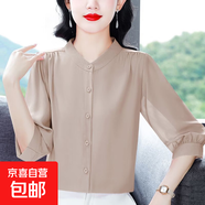 黛維亞黛維亞重磅襯衫夏季新款媽媽裝雪紡襯衫女士顯瘦減齡中袖上 卡其色 M 【建議105斤以內(nèi)】