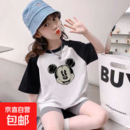 童裝純棉短袖T恤夏季新款中大童插肩拼接hellokitty卡通洋氣上衣 黑白-素描黑米奇 150
