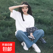 100%棉短袖t恤女2025夏季新款寬松學(xué)生百搭顯瘦落肩230g半袖XJFS 白色 XL （130-140斤）
