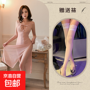 新款性感辣妹鏤空顯瘦中長(cháng)款連衣裙內袍睡衣高腰開(kāi)衩 膚色+白絲襪  556 均碼