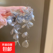 銀針時(shí)尚鑲鉆花朵長款流蘇耳環(huán)歐美個(gè)性夸張?jiān)O(shè)計(jì)耳墜重工氣質(zhì)耳飾 銀針-銀色.