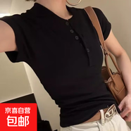 小眾洋氣小衫半開(kāi)領(lǐng)紐扣棉質(zhì)短袖T恤女夏季純欲修身顯瘦別致上衣 黑色 XL 【建議110-120斤】