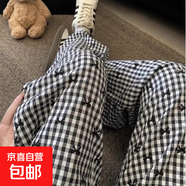 2025年新款棉綢睡褲女春秋季新中式家居褲可外穿媽媽款長(cháng)褲夏薄款 格子蝴蝶結 XL （建議135-160斤）