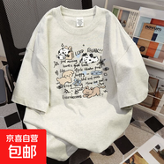 美式chic趣味卡通印花短袖t恤女夏季寬松圓領(lǐng)重磅純棉短袖上衣服 白灰色【220g精梳純棉】 S