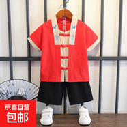 童裝男童夏季漢服兒童中國風(fēng)夏款短褲套裝寶寶女童短袖唐裝兩件套 仙鶴套裝紅色 100