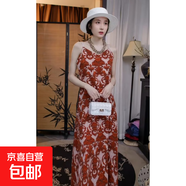 輕奢法式吊帶連衣裙女印花高級(jí)感寬松遮肉碎花長裙子夏季8531 桔色 2XL （135-150斤）