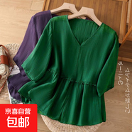 文藝復古純色V領棉麻襯衫女夏季媽媽裝拼接遮肚顯瘦打底衫上衣女 M5-墨綠色 XL 建議120-135斤