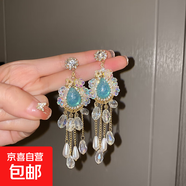 銀針鑲鉆水晶珍珠耳環(huán)歐美復古輕奢長(cháng)款耳墜清新甜美高級感耳飾女 5#銀針-淺藍珍珠流蘇