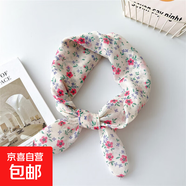 夏季58棉麻絲巾女百搭春秋小方巾護頸頭巾裝飾領巾時尚洋氣圍巾 7棉-小美花 58cm