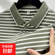 桑蠶絲短袖T恤男士翻領(lǐng)色織條紋男裝夏季新款Polo衫中青年上衣薄 灰綠 L 175/92A