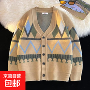 2024秋冬新款港風(fēng)新款撞侶拼接開衫慵懶風(fēng)男開衫毛衣外套針織衫 B055-卡其色 3XL