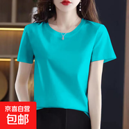 外穿純棉短袖t恤女寬松薄款洋氣別致正肩半袖打底衫2025新款上衣 湖綠【純色】 XL 【建議105-115斤】