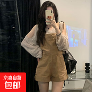 減齡氣質設計感牛仔背帶短褲女夏季薄款大碼寬松顯瘦連體褲胖妹妹 卡其色牛仔背帶短褲單件 S