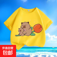 卡皮巴拉水豚君夏新款男女中大兒童短袖t恤純棉圓領(lǐng)寬松百搭裝-SL 黃色-KX696卡皮巴拉 110  【建議身高100-110厘米】