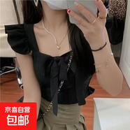 法式小心機小飛袖短款露臍吊帶衫女蝴蝶結(jié)系帶修身顯瘦抹胸背心夏 黑色+黑色 L 建議100-125斤