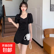 收腰不規則褶皺短袖連衣裙法式方領(lǐng)泡泡袖連衣裙8044 黑色 L 【110-120斤】