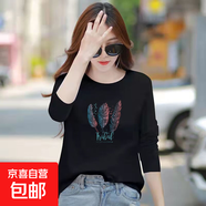 白色長袖t恤女2025秋季新款寬松韓版休閑體恤百搭印花長T打底衫SN 精品羽毛頭領(lǐng)長袖T恤黑色 L