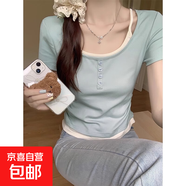 辣妹純欲風短袖t恤女2025夏季新款正肩修身顯瘦U領假兩件短上衣QP 可可女裝R750淺藍 XL