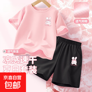 【2件套】女童運動(dòng)套裝2025新款冰絲速干女大童夏裝衣服兒童短袖 兔美美K粉+兔美美K黑 140