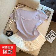 法式方領(lǐng)正肩短袖針織衫女夏季芭蕾風(fēng)蕾絲裙擺修身小飛袖T恤上衣 淺紫色 均碼
