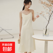 純色吊帶醋酸緞面連衣裙女夏法式氣質(zhì)顯瘦時尚百搭無袖長裙J1059 杏色 L （105-120斤）