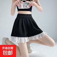 2025爆款灰色運(yùn)動短褲女夏季外穿蕾絲花邊a字闊腿褲梧桐衛(wèi)褲熱褲 黑色 S