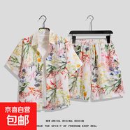 夏威夷花襯衫沙灘套裝夏薄款三亞旅游男女情侶大碼寬松休閑五分褲 T3665 L