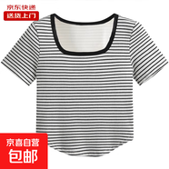 基礎(chǔ)款方領(lǐng)露鎖骨短袖打底衫女夏季韓版修身顯瘦短款上衣RL#A023# A023#白色條紋 M 【96斤以下】
